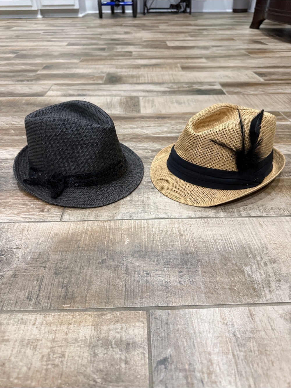 Charming Charlie Black and Tan Straw Fedora Hats (Pair)